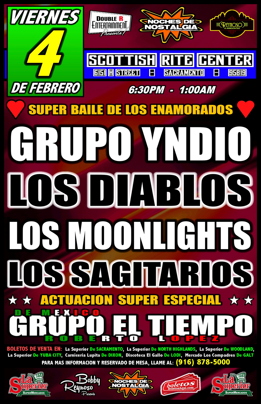 Super Baile de los Enamorados Grupo Yndio, Los Diablos, Los Moonlights, Los Sagitarios y la actuacion especial de Grupo El Tiempo. – Scottish Rite Center – Sacramento, CA