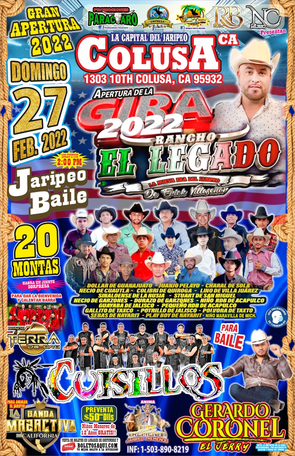 Gran Jaripeo Baile con Banda Cuisillos, Banda Tierra de Oro, La Banda Mazactiva y Gerardo Coronel. Rancho el Legado. – La Capital del Jaripeo – Colusa, CA