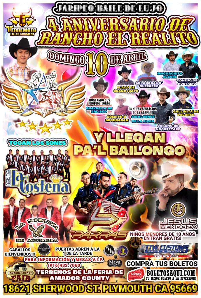 Jaripeo Baile de lujo – Banda La Costeña, Nobleza de Aguililla, Jesus Mendoza y Los Parras.  – Terrenos de la Feria de Amador County – Plymouth, CA