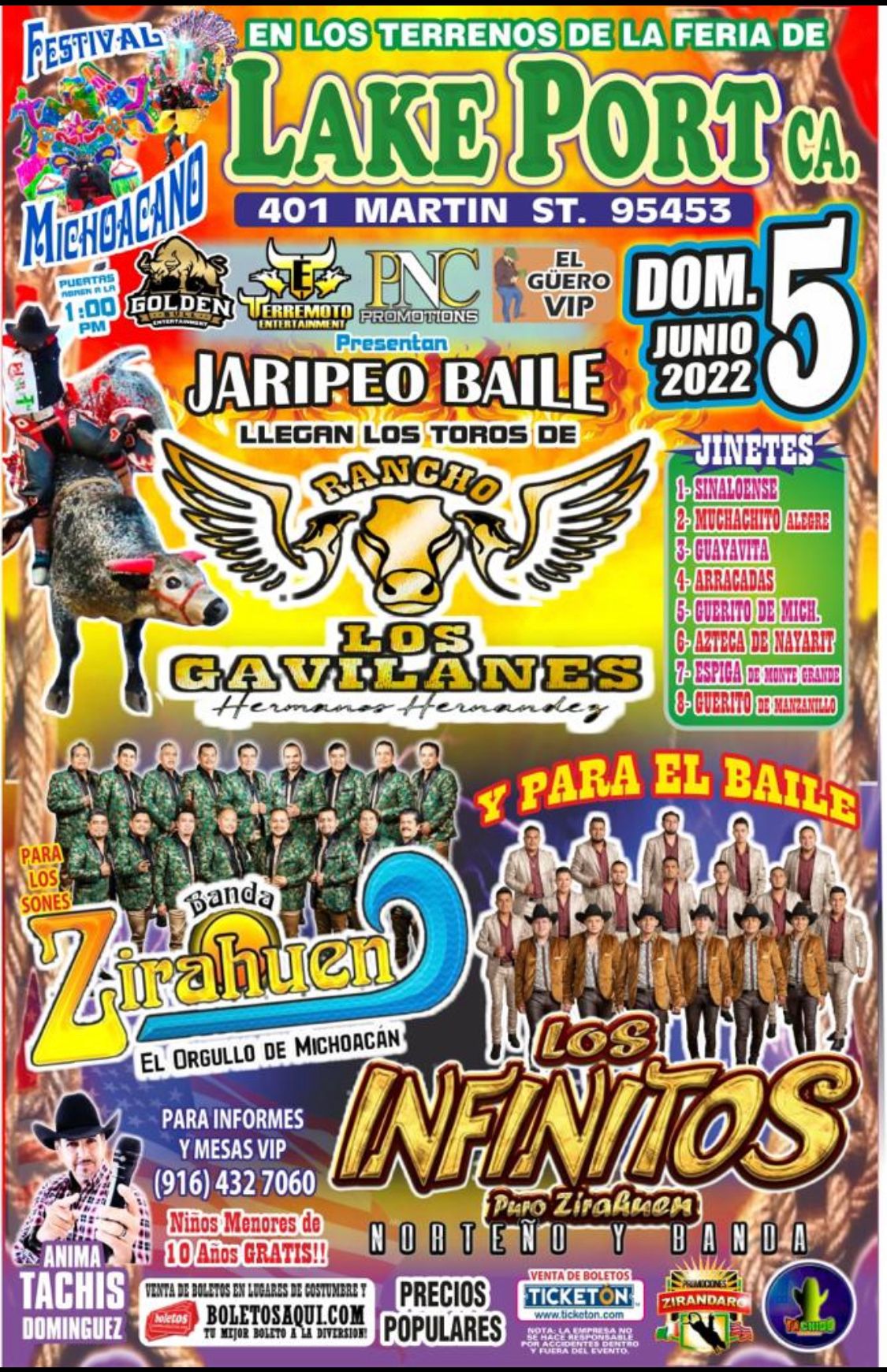 Festival Michoacano Jaripeo Baile con Banda Zirahueno, Los Infinitos y Toros del Rancho Los Gavilanes – Terrenos de la Feria de Lakeport – Lakeport, CA
